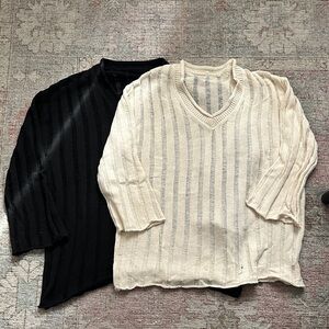Black & Cream V-Neck Knit Sweaters - Set of 2